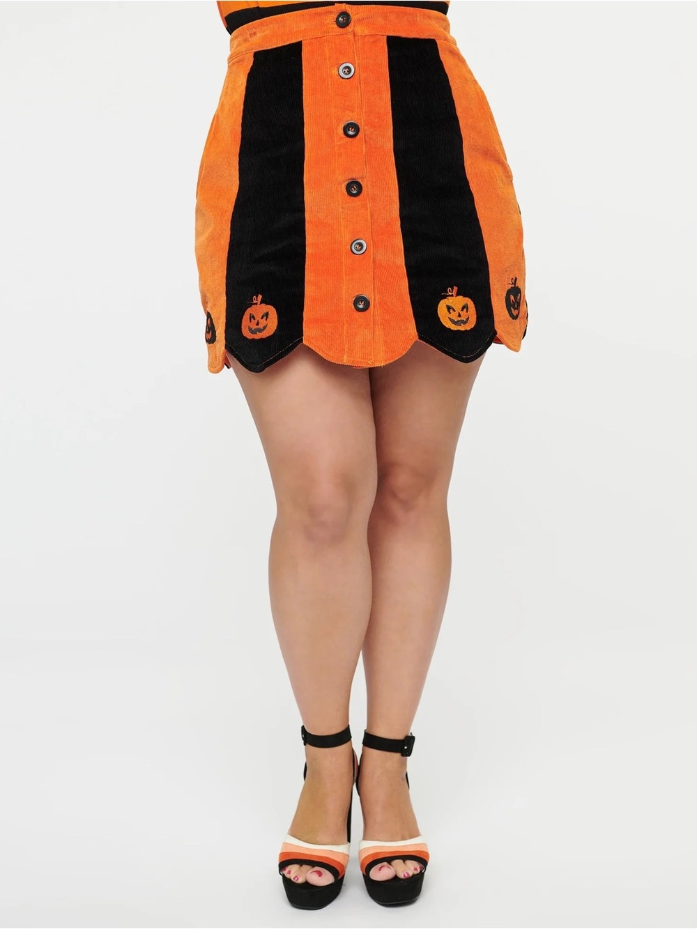 Halloween unique vintage  Pumpkin Appliqué corduroy Mini Skirt - Orange/Black
